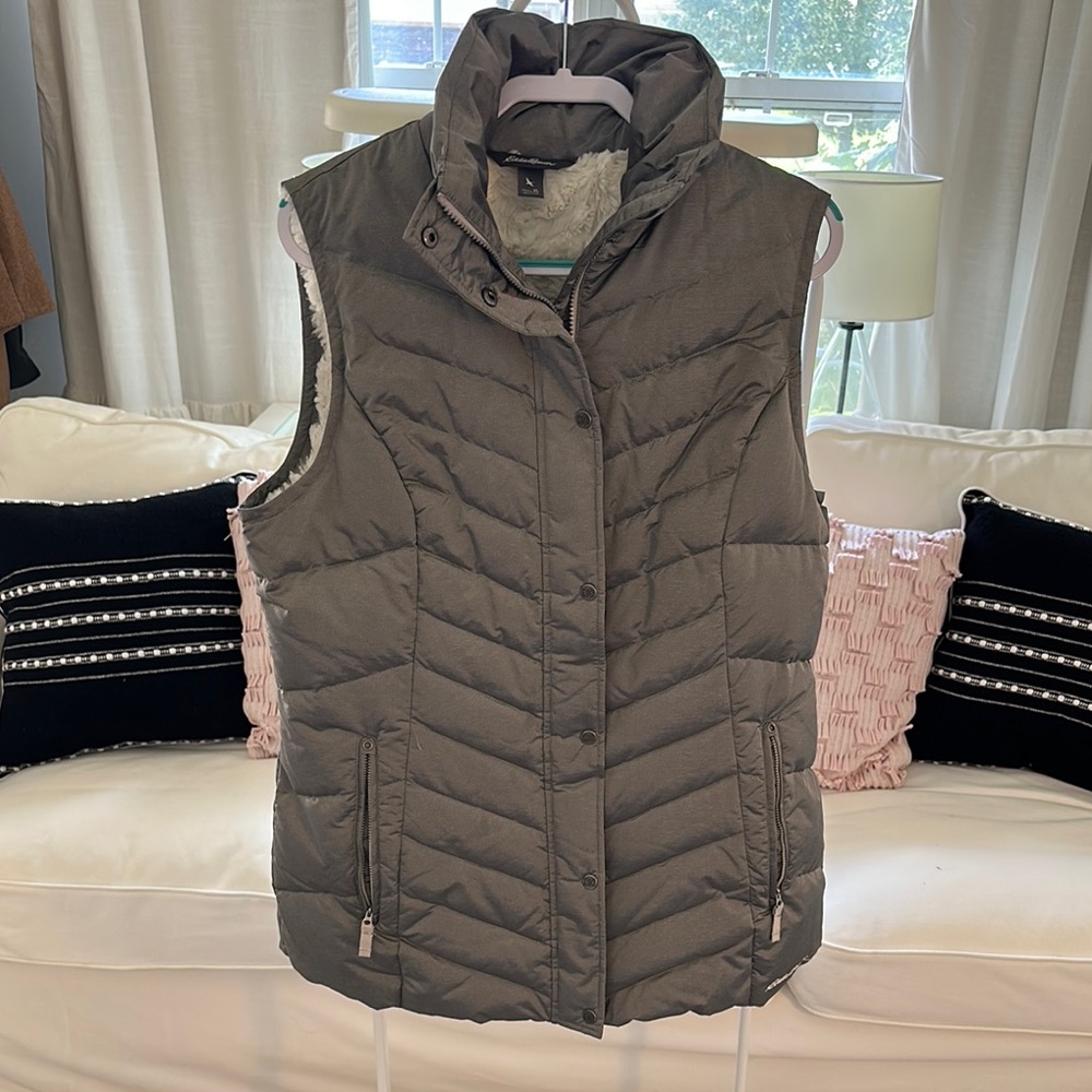 Eddie Bauer Gray Quilted Vest with Chevron Pattern